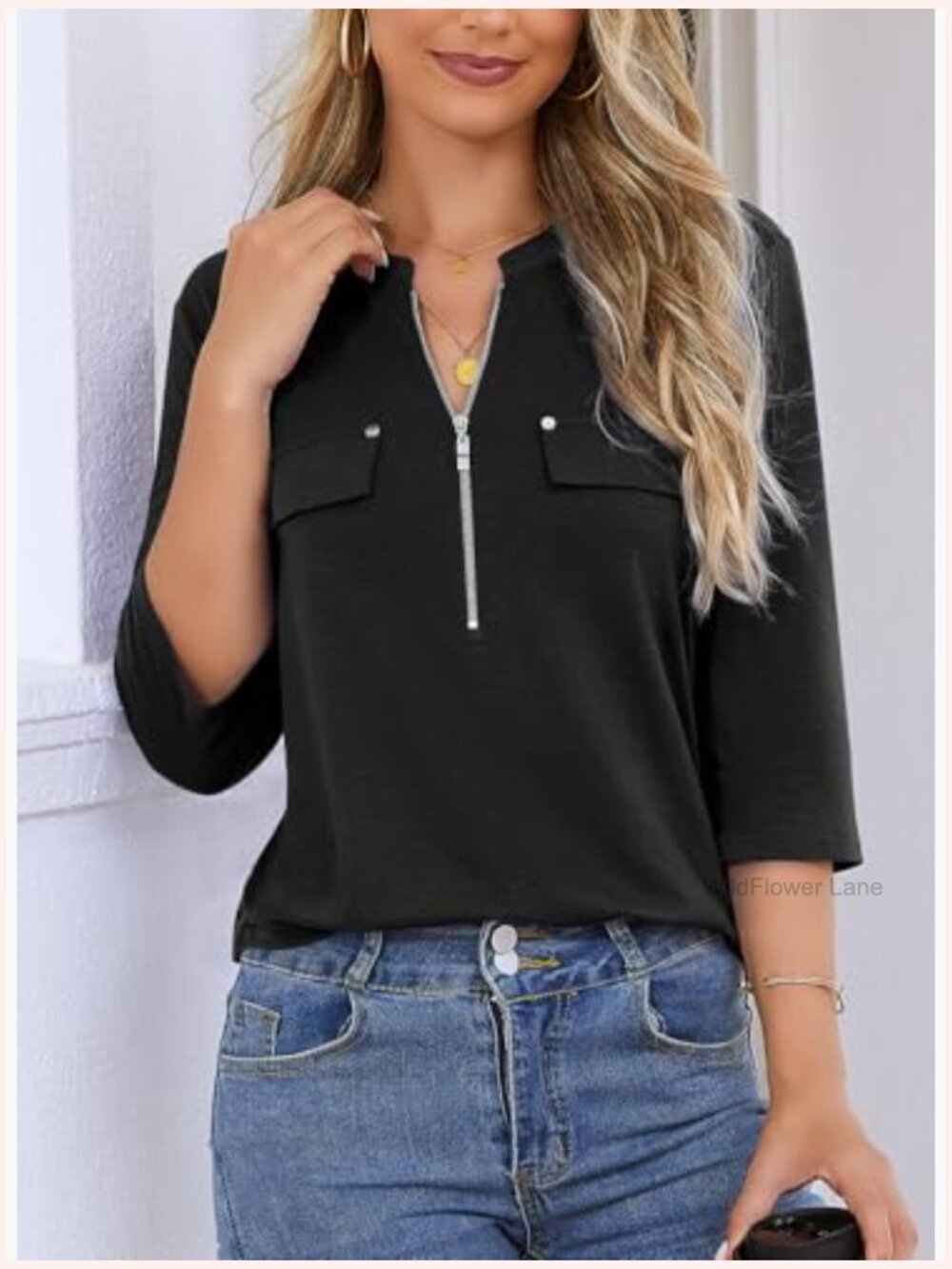3/4 Sleeve Tunic with Leggings V-Neck Zipper Casual Blouse - Picture 3 of 7